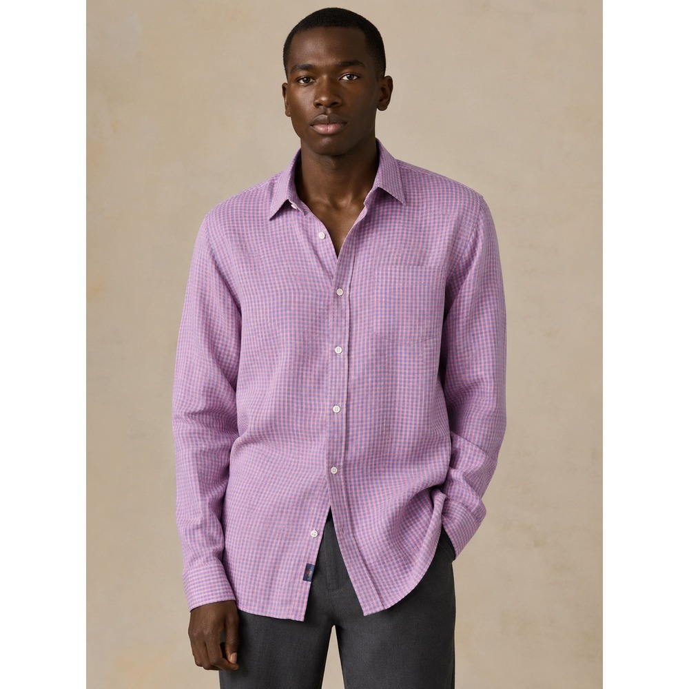 Faherty Brand Mens Large Linen Button Down Shirt‎ Pink Blue Gingham Check L